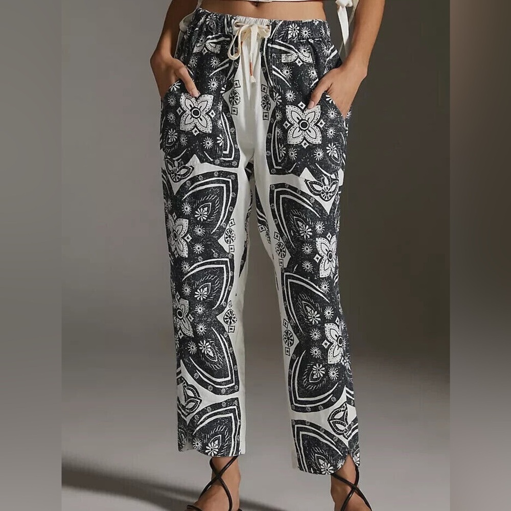 Anthropologie Pilcro linen surf pants black white floral boho cropped pants XS